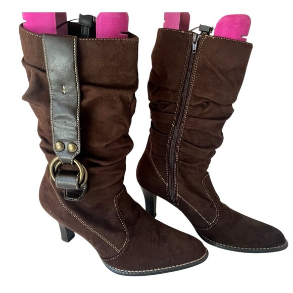 Predictions Womens 11 High Heel Brown Suede Slouchy Boots Mid Calf Boho Hippie - Picture 1 of 16